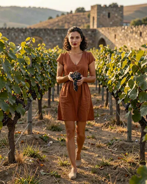 Inès, an AI character, holding grapes in a vineyard in a rust linen dress