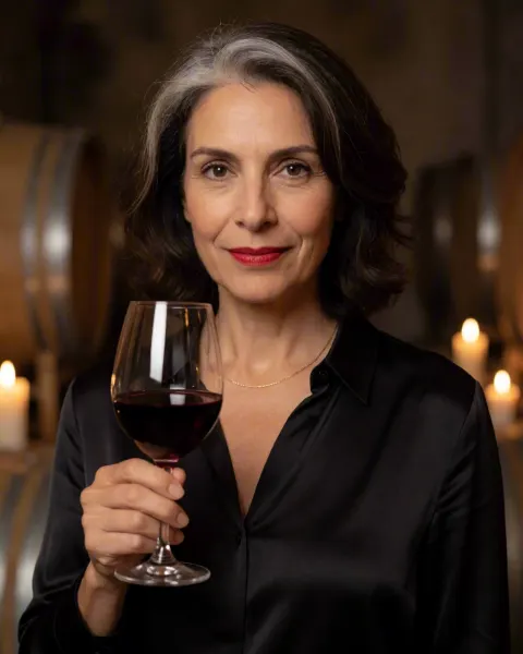 Sofia, an AI character, holding a glass of red wine in a candlelit cellar in a black satin blouse
